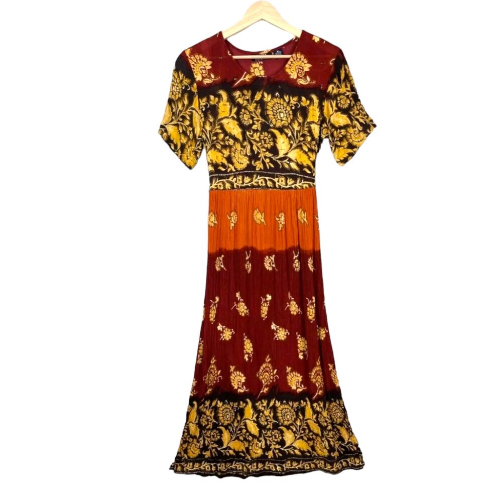 M MPH Vintage Maxi Dress Crinkle Rayon Short Sleeve Bohemian Ethnic Beaded Boho